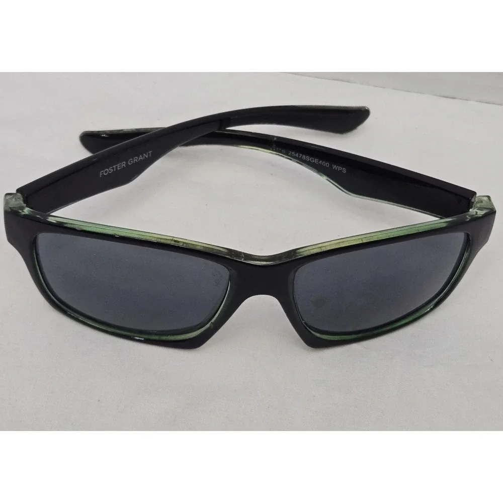 Foster Grant Black Rectangular Sunglasses with Neon Green Inner Trim EUC